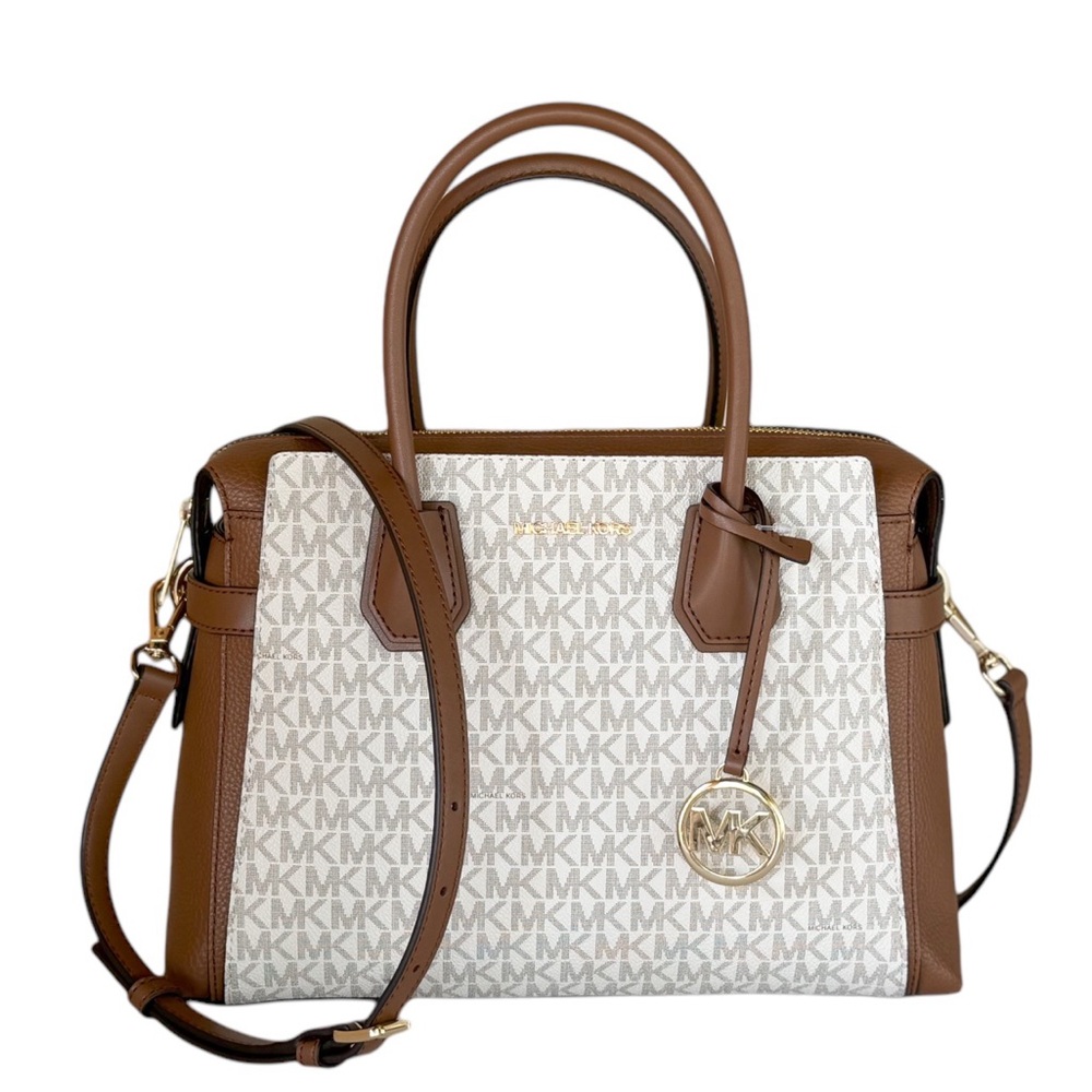 Michael Kors Mercer Medium Belted Satchel Shoulder Crossbody Bag MK Vanilla